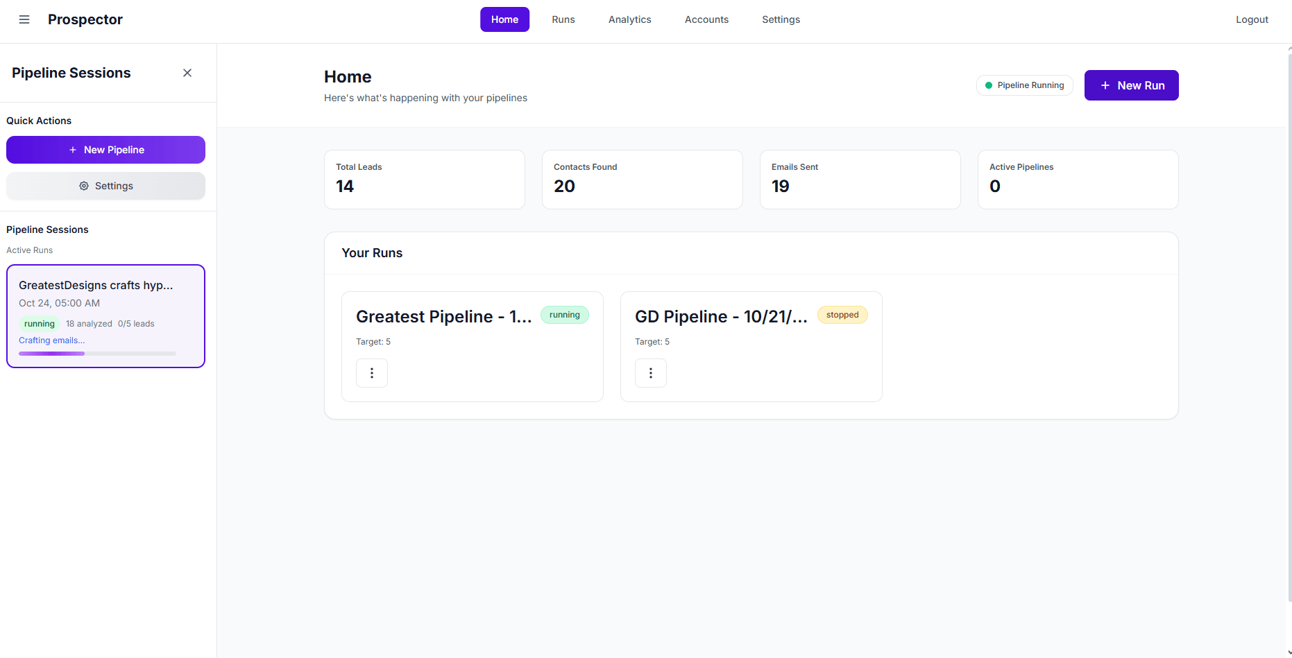 Prospecter dashboard with pipeline sessions and metrics